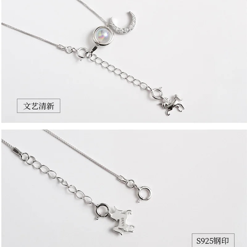 925 Silver Necklace Horse Moon Stone Pendant Choker Zircon Vintage Classic NK012