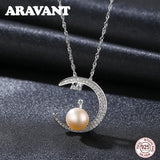 925 Silver Necklace Moon Zircon Pearl Pendant Necklace