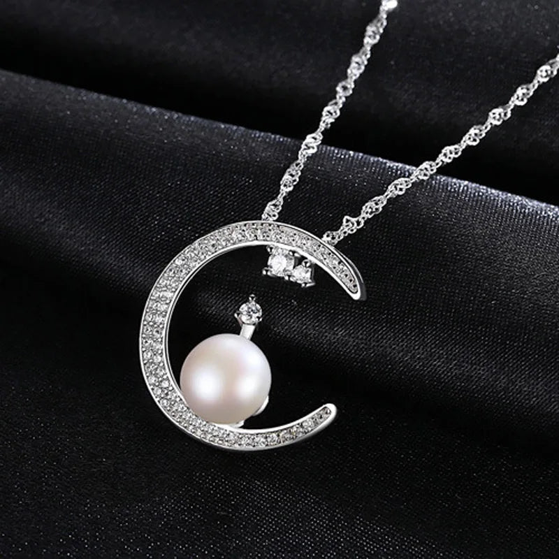 925 Silver Necklace Moon Zircon Pearl Pendant Necklace
