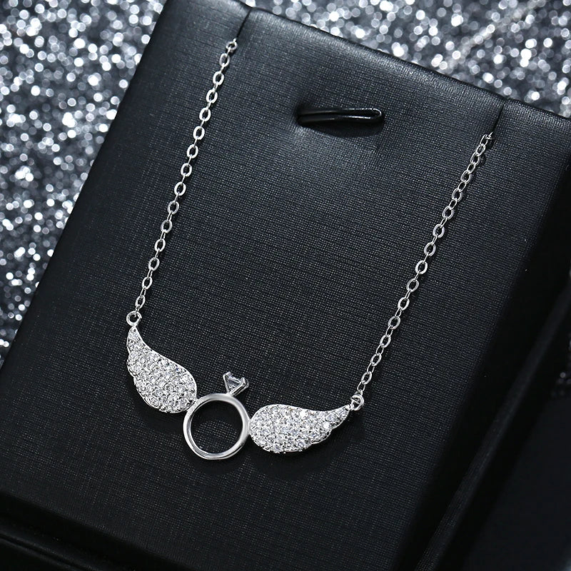 925 Silver Angel Wings Pendant Zircon Charm Chain Adjustable Choker Gift