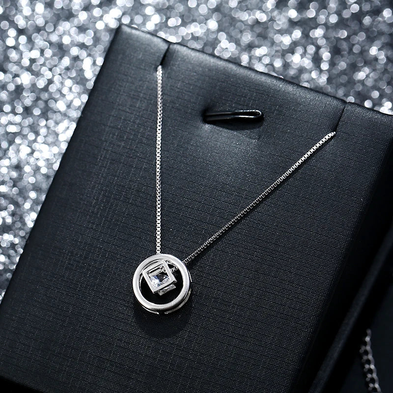 925 Silver Necklace Pendant Round square nest Adjustable Chain Choker