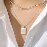 925 Silver Shell Square Block Pendant Necklace 18k Geometric Fine Jewelry