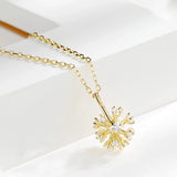 925 Silver Dandelion Flower Pendant Necklace Zircon Woman Jewelry Gift