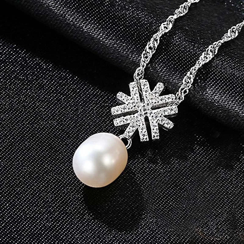 925 Silver Snowflake Zircon Pearl Necklace Women Jewelry