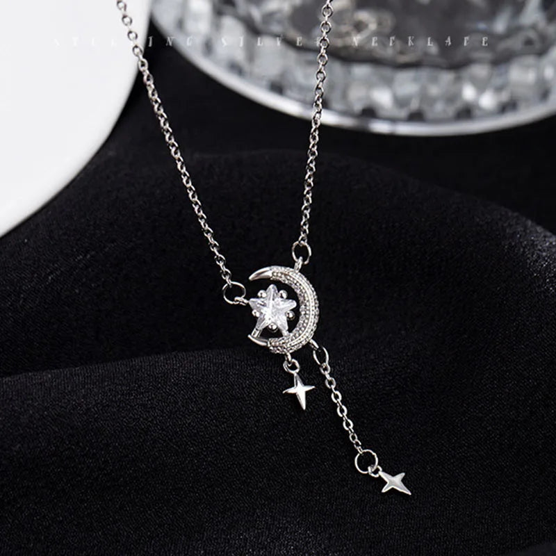 925 Sterling Silver Star Moon Choker Necklace Geometric Clavicle Chain