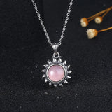 925 Silver Necklace Sun 10MM Rose Quartz Pendant Women Jewelry Gift Pink Stone
