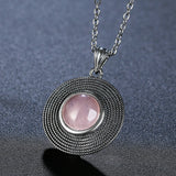 925 Silver Necklace Sun 10MM Rose Quartz Pendant Women Jewelry Gift Pink Stone
