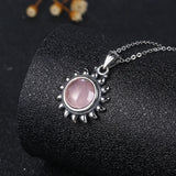 925 Silver Necklace Sun 10MM Rose Quartz Pendant Women Jewelry Gift Pink Stone