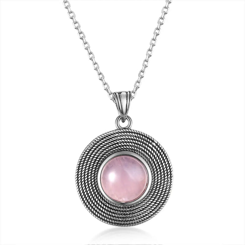 925 Silver Necklace Sun 10MM Rose Quartz Pendant Women Jewelry Gift Pink Stone