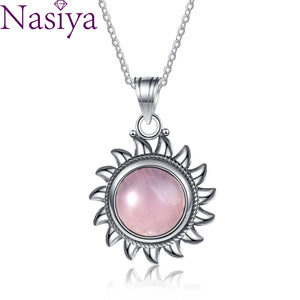 925 Silver Necklace Sun 10MM Rose Quartz Pendant Women Jewelry Gift Pink Stone