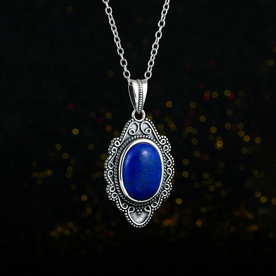 Sterling Silver Necklace Vintage Lapis Pendants Jewelry for Women