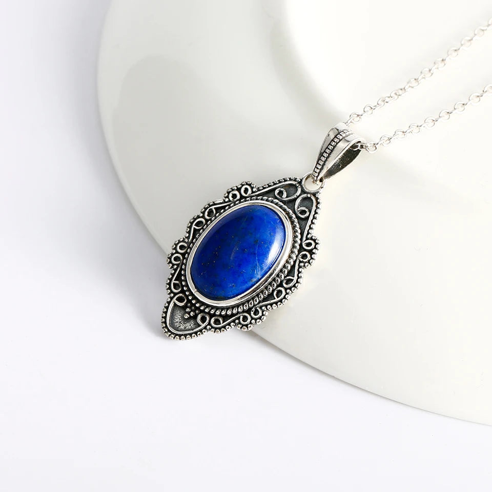 Sterling Silver Necklace Vintage Lapis Pendants Jewelry for Women
