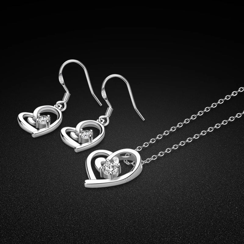 925 Silver Heart Pendant Necklace Earring Set CZ Cubic Zirconia Fine Jewelry
