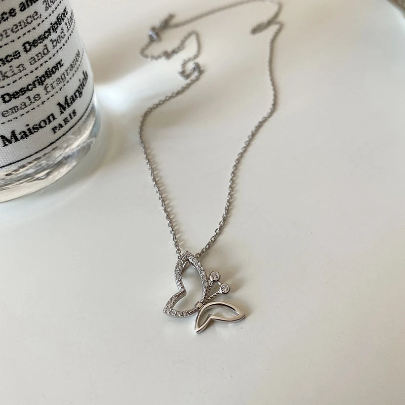 925 Silver Butterfly Pendant Necklace Zircon Asymmetric Design