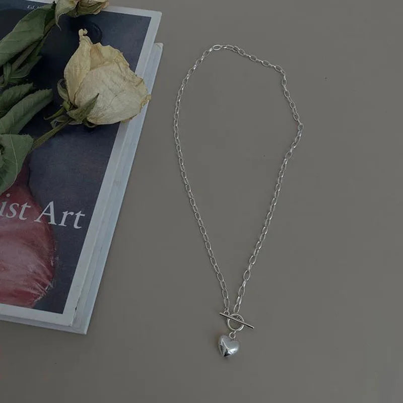 925 Silver Necklace Vintage Glossy Heart Buckle Party Jewelry
