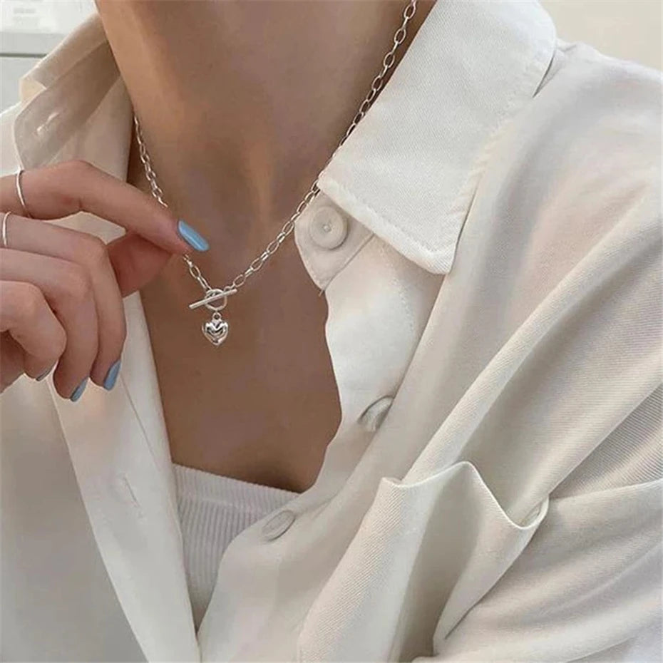 925 Silver Necklace Vintage Glossy LOVE Heart OT Buckle Party Jewelry
