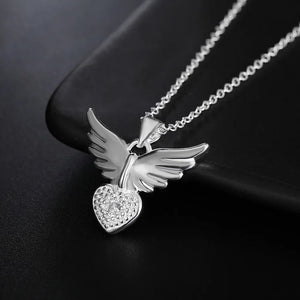 925 Silver Necklace for Women Wedding Angel Wings Heart Zircon