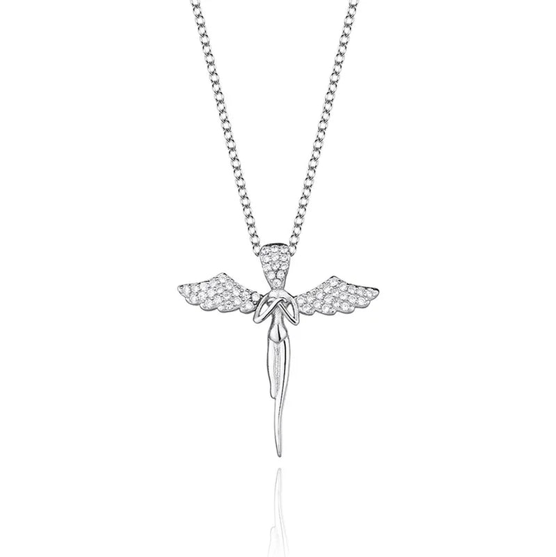 925 Silver Angel Wing Cross Necklace with Zirconia