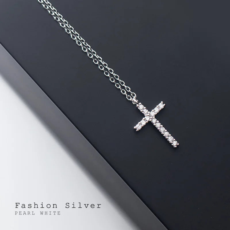 925 Silver Cross Pendant Necklace CZ Zirconia Choker