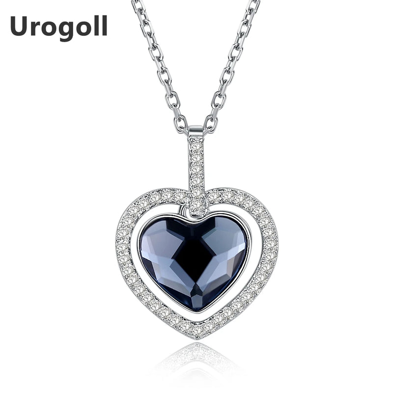 925 Silver Double Heart Crystal Pendant Necklace Engagement Jewelry