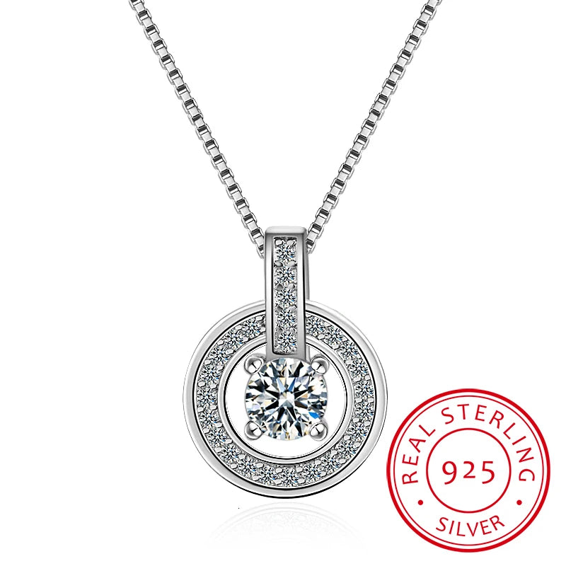 925 Silver Rhinestone Double Circle Pendant Necklace Jewelry