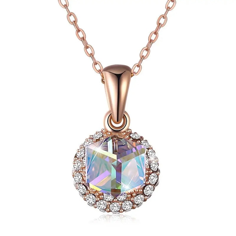925 Silver Necklace Women Sugar Cube Crystal Pendant CZ Lady Charm Party Jewelry
