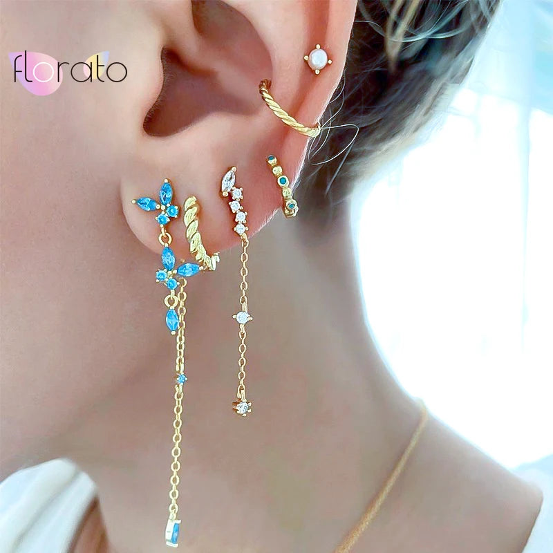 925 Silver Colored Crystal Tassel Earrings for Women