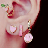 925 Silver Enamel Heart Earrings Pink Hoop Studs Women Jewelry
