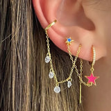 925 Silver Zirconia Double Circle Chain Hoop Earrings
