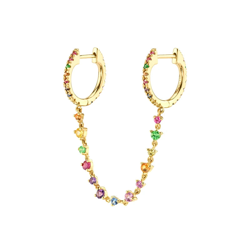 925 Silver Zirconia Double Circle Chain Hoop Earrings