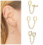 925 Silver Zirconia Double Circle Chain Hoop Earrings