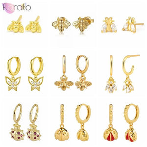 925 Silver Insect Pendant Hoop Earrings for Women Bee/Butterfly Jewelry