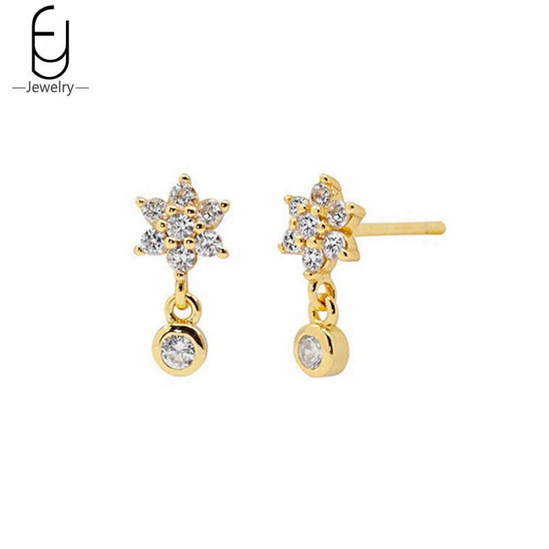 925 Silver Needle Flower Earrings Chain Hoop Wedding Jewelry