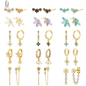 925 Silver Needle Flower Earrings Chain Hoop Wedding Jewelry