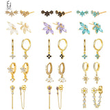 925 Silver Needle Flower Earrings Chain Hoop Wedding Jewelry