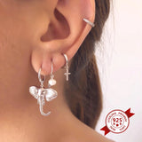 925 Silver Enamel Circle Animals Hoop Earrings Elephant/Rhino/Snake Pendant