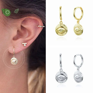 Sterling Silver Evil Eye Hoop Earrings Vintage Round Pendant