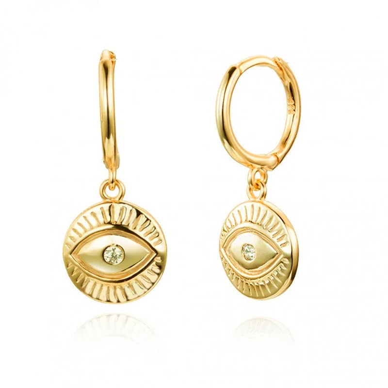 Sterling Silver Evil Eye Hoop Earrings Vintage Round Pendant