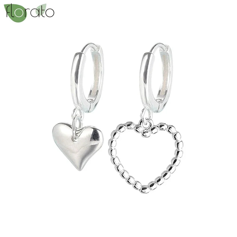 925 Silver Asymmetric Heart Earrings Love Pendant Hoops for Women