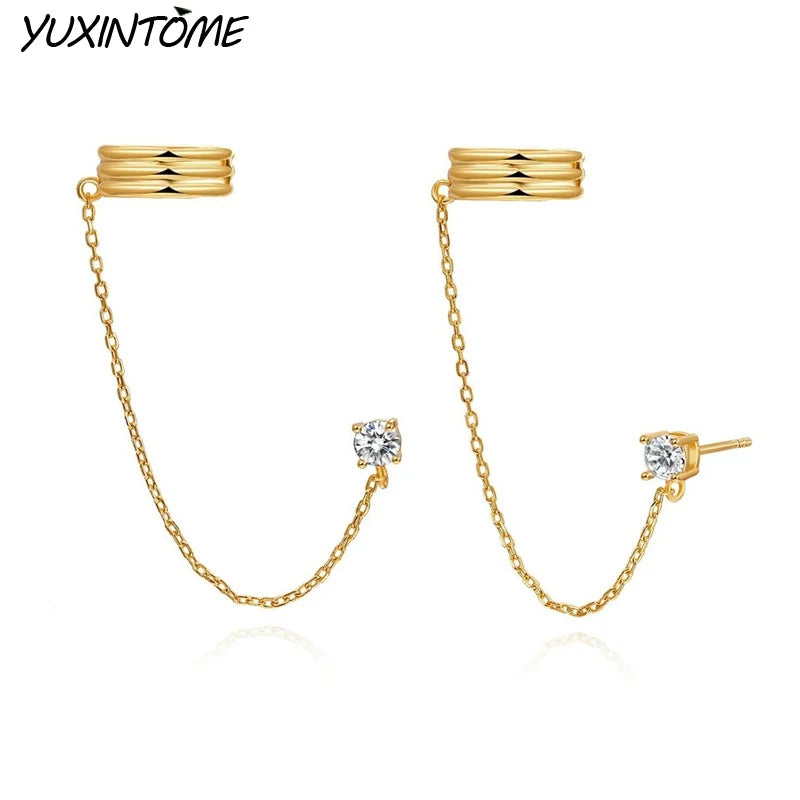 925 Sterling Silver Chain Earrings Retro 24K Earclip Jewelry