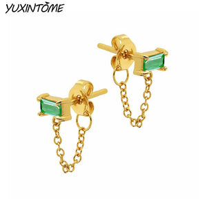 Square Zircon Stud Earrings 925 Silver 24K Chain Jewelry