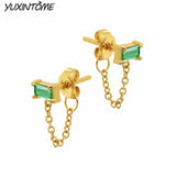 Square Zircon Stud Earrings 925 Silver 24K Chain Jewelry