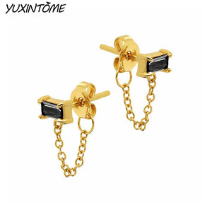 Square Zircon Stud Earrings 925 Silver 24K Chain Jewelry