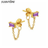 Square Zircon Stud Earrings 925 Silver 24K Chain Jewelry