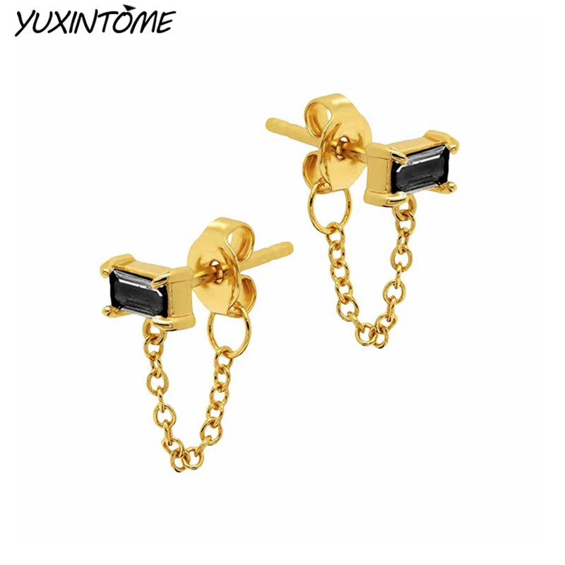 Square Zircon Stud Earrings 925 Silver 24K Chain Jewelry