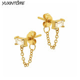 Square Zircon Stud Earrings 925 Silver 24K Chain Jewelry