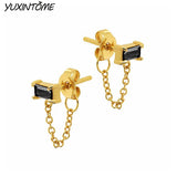 Square Zircon Stud Earrings 925 Silver 24K Chain Jewelry