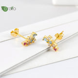 925 Silver Needle Heart Earrings Colorful Crystal Studs