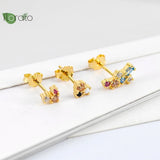 925 Silver Needle Heart Earrings Colorful Crystal Studs