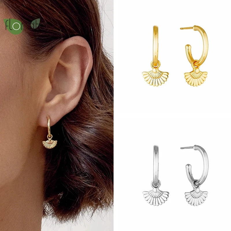 925 Silver Scalloped Stud Earrings 18K Plated Vintage Jewelry